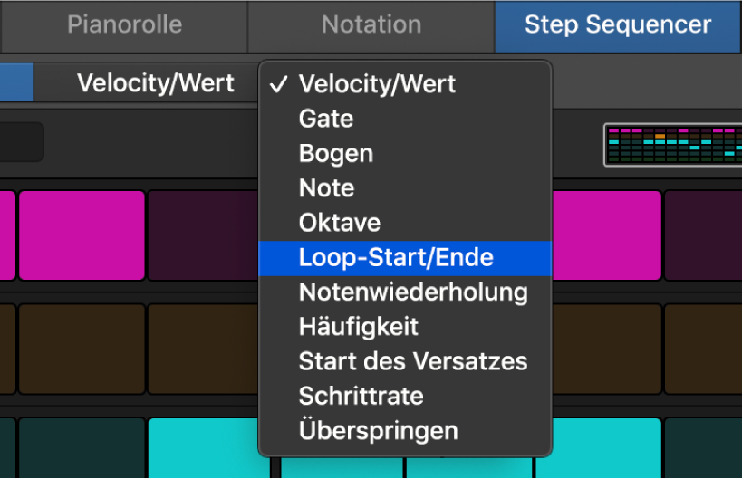 Auswahl für den Bearbeitungsmodus mit Auswahlmöglichkeiten im Step Sequencer