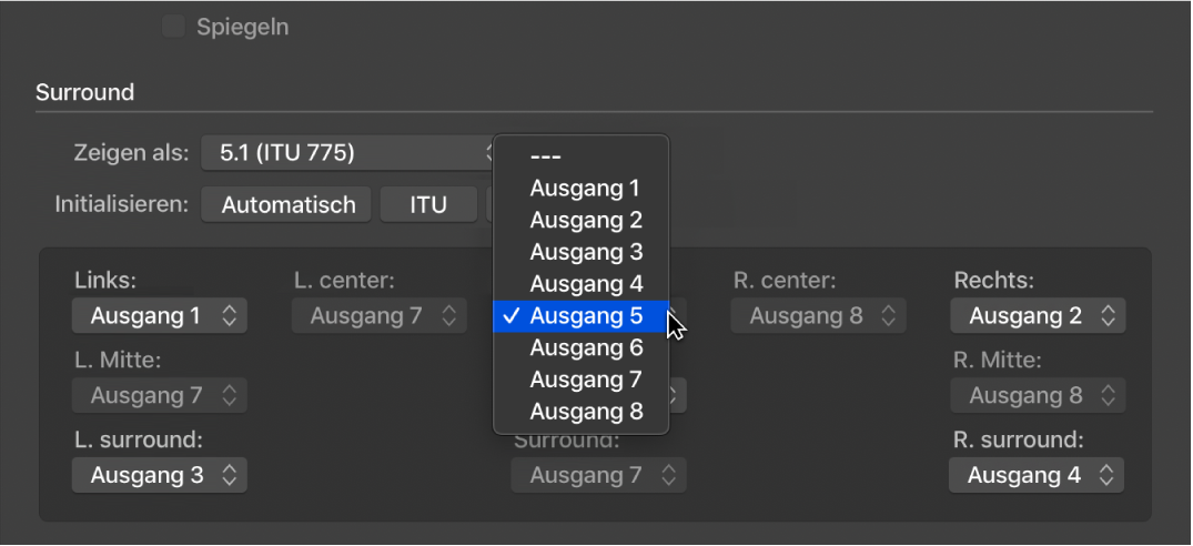 Abbildung. Einblendmenü „Ausgang“ in den Surround-Einstellungen