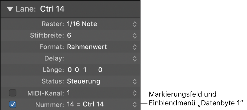 Abbildung. Markierungsfeld und Menü „Datenbyte 1“ („Nummer“)