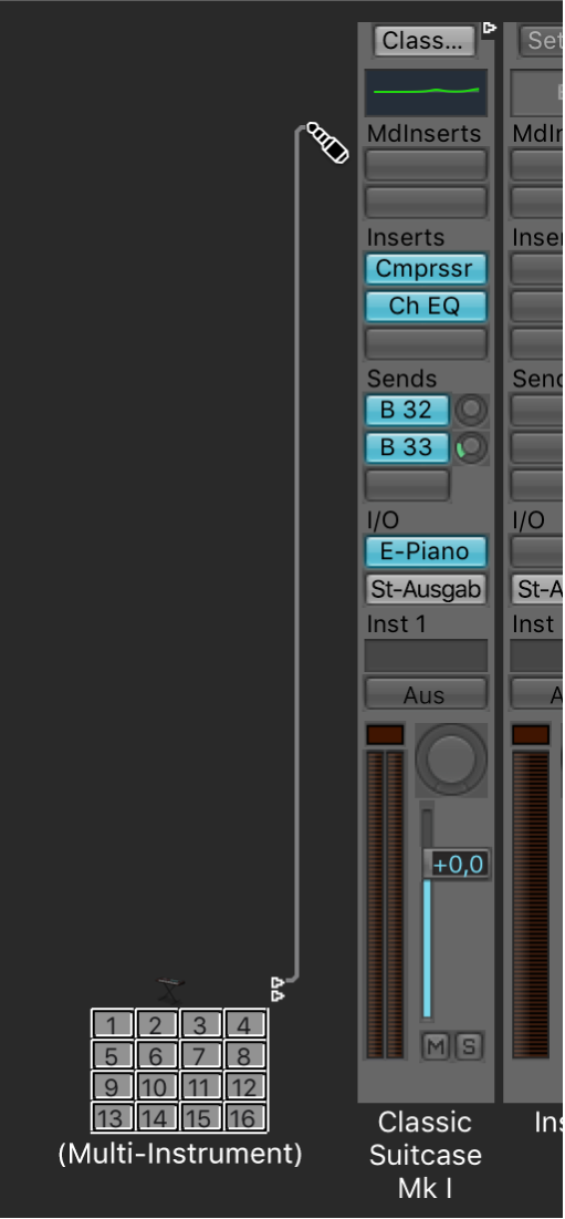 Abbildung. Verkabeln des Mapped Instrument auf den Software-Instrument-Channel-Strip im Environment-Fenster