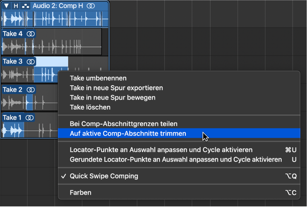 Abbildung. Auswählen von „Auf aktive Comp-Abschnitte trimmen“ aus dem Kontextmenü