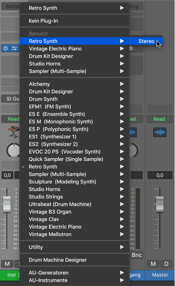 Abbildung. Auswählen eines Instrument-Plug-ins aus dem Einblendmenü