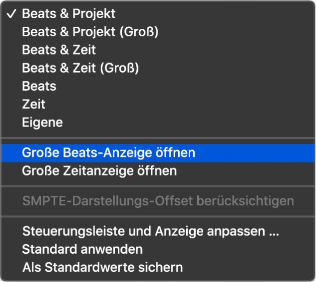 Abbildung. LCD-Menü mit ausgewählter Option „SMPTE-Darstellungs-Offset berücksichtigen“