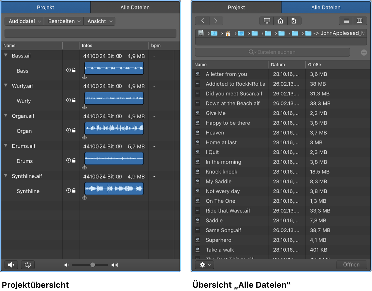 Abbildung. Übersicht „Projektaudio“ und Übersicht „Alle Dateien“