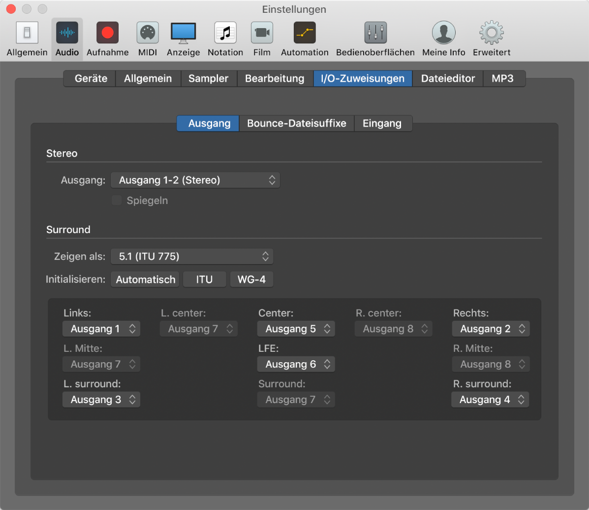 Abbildung. Bereich „I/O-Zuweisungen“ in den Audioeinstellungen