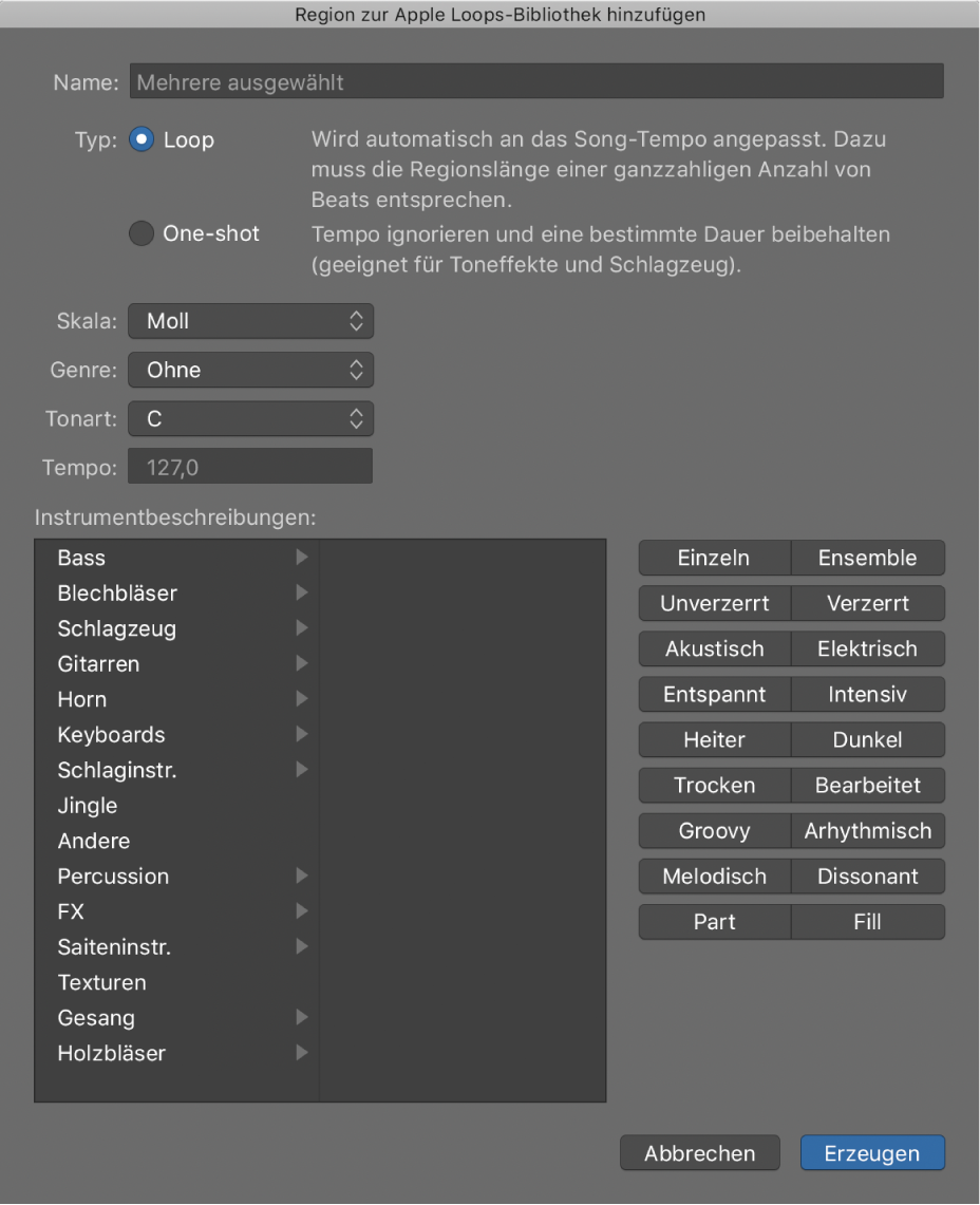 Abbildung. Dialogfenster „Region zur Apple Loops-Bibliothek hinzufügen“