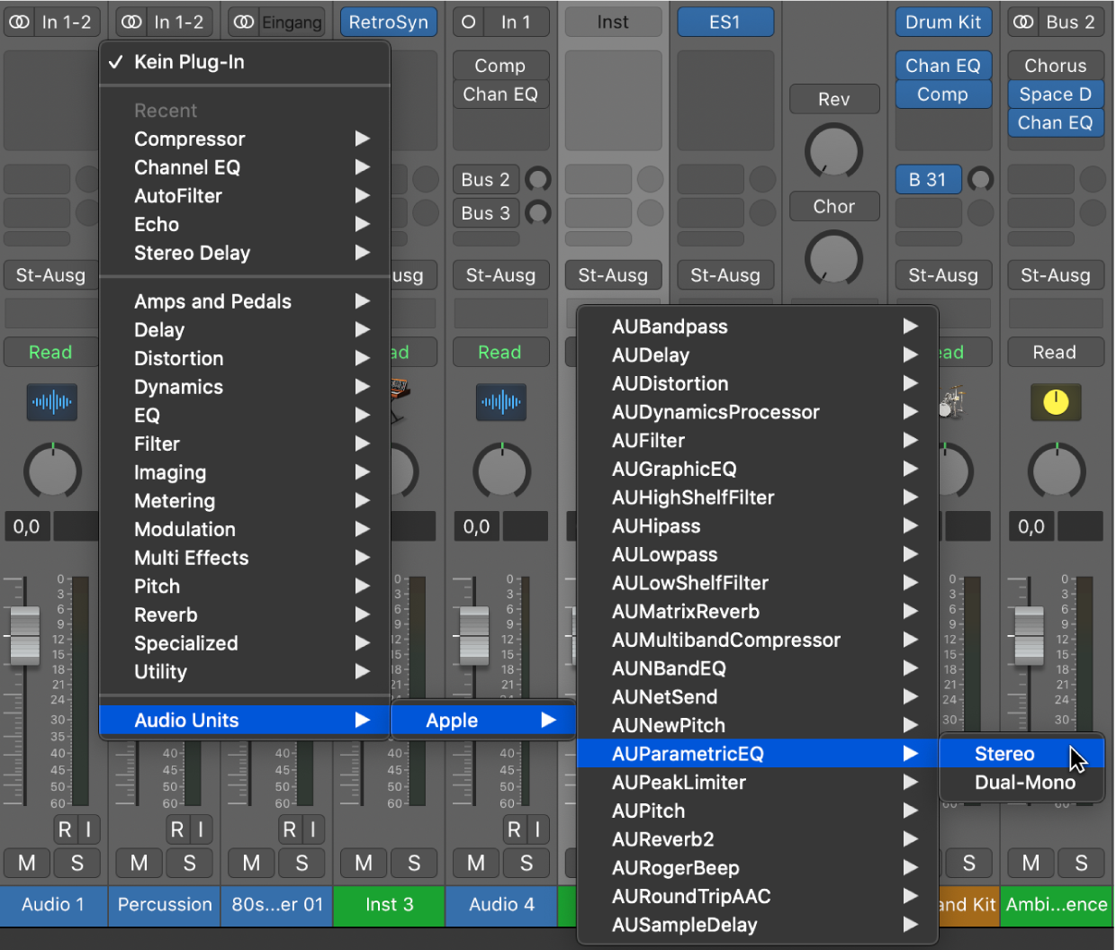 Untermenü „Audio Units“ im Menü „Plug-ins“