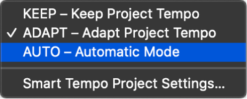 Figure. Tempo display menu showing three Smart Tempo modes.