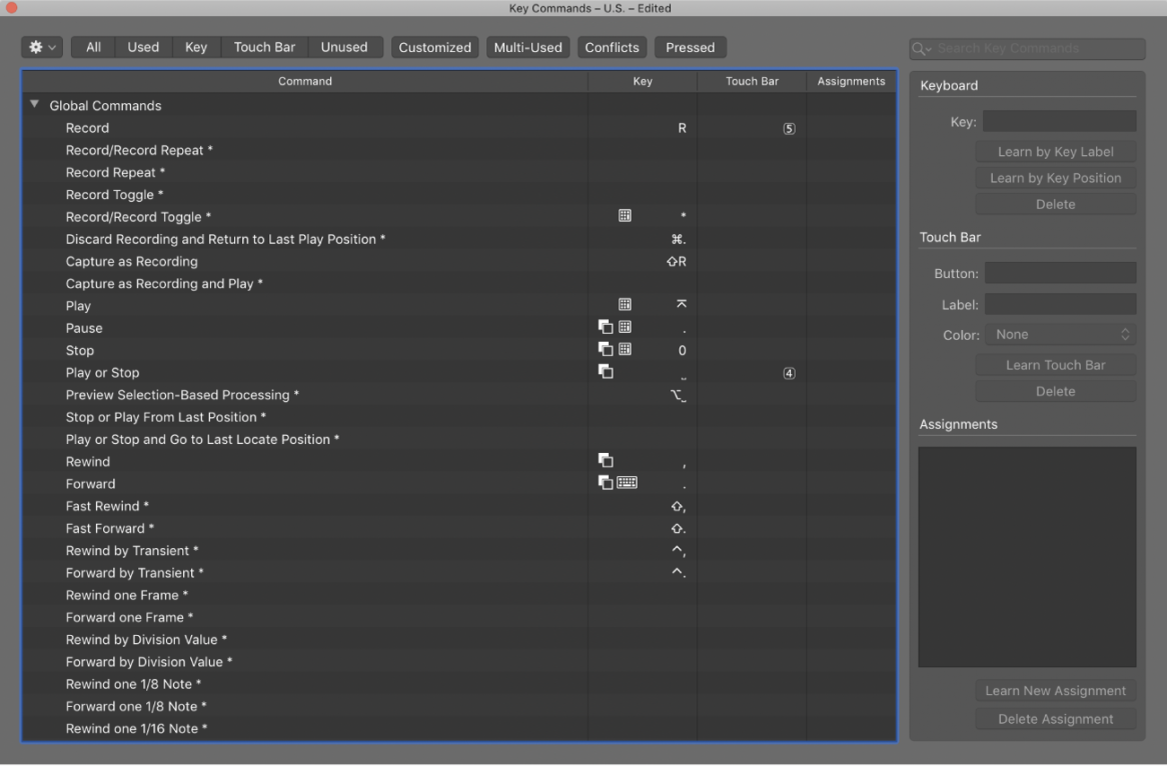 Figure. Key Commands window.