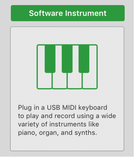 Figure. Selecting the Software Instrument & MIDI button in the New Tracks dialog.