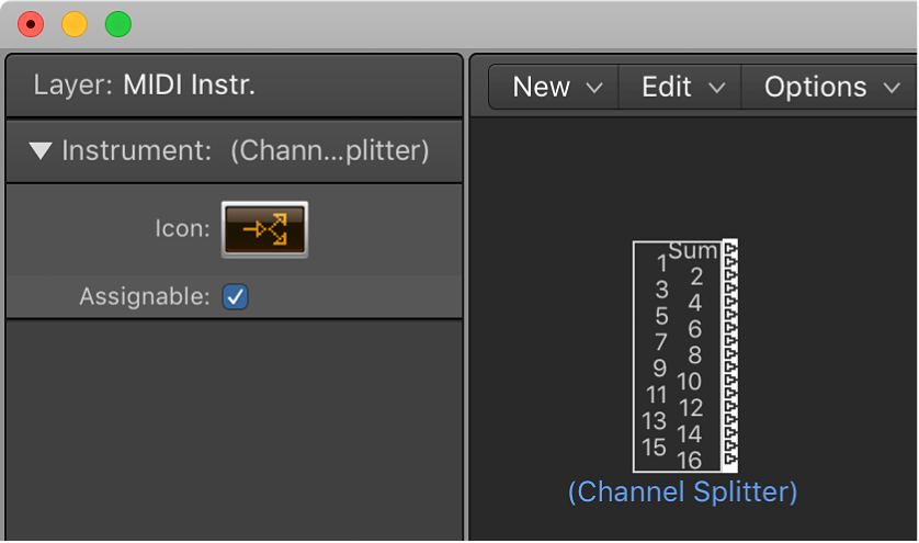 Figure. Environment window showing a channel splitter object and its inspector.