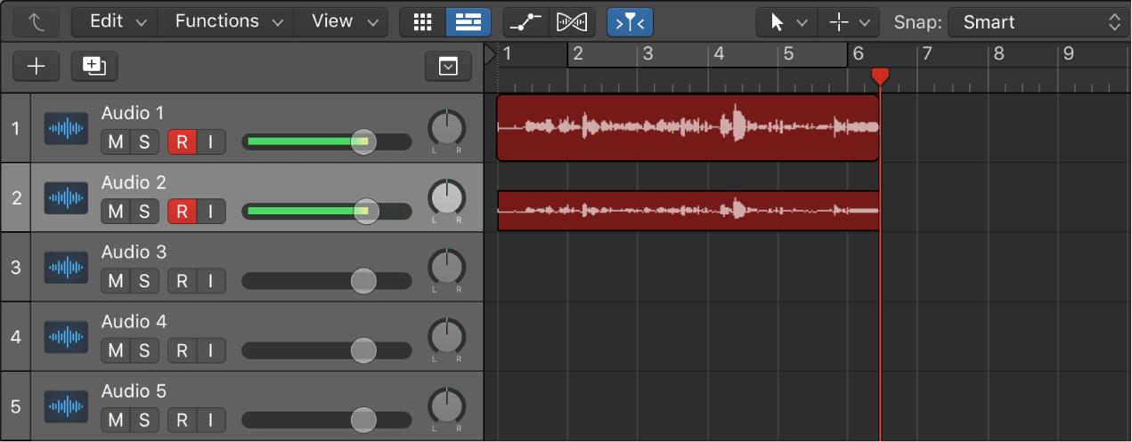 Figure. Showing audio recordings on two audio tracks.