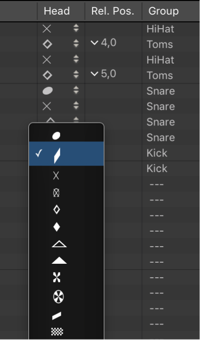 Figure. Head pop-up menu in the Mapped Instrument window.