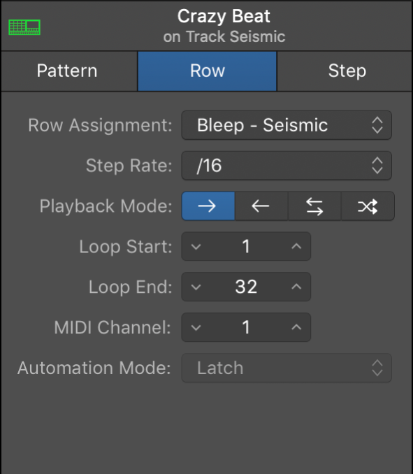 Step Sequencer Local inspector showing row settings.