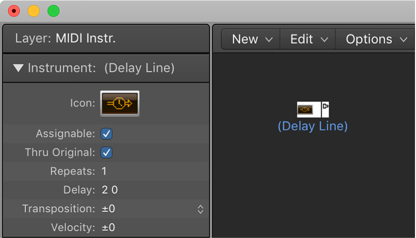 Figure. Environment window showing a delay line object and its inspector.