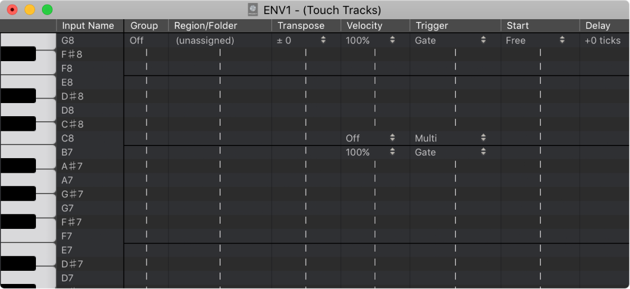 Figure. Touch Tracks window.