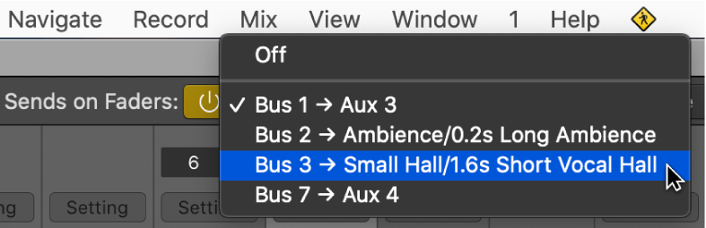 Figure. Choosing an effects return channel from the Sends on Faders pop-up menu.