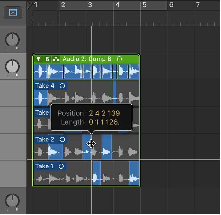 Figure. Dragging the end point of a take selection.