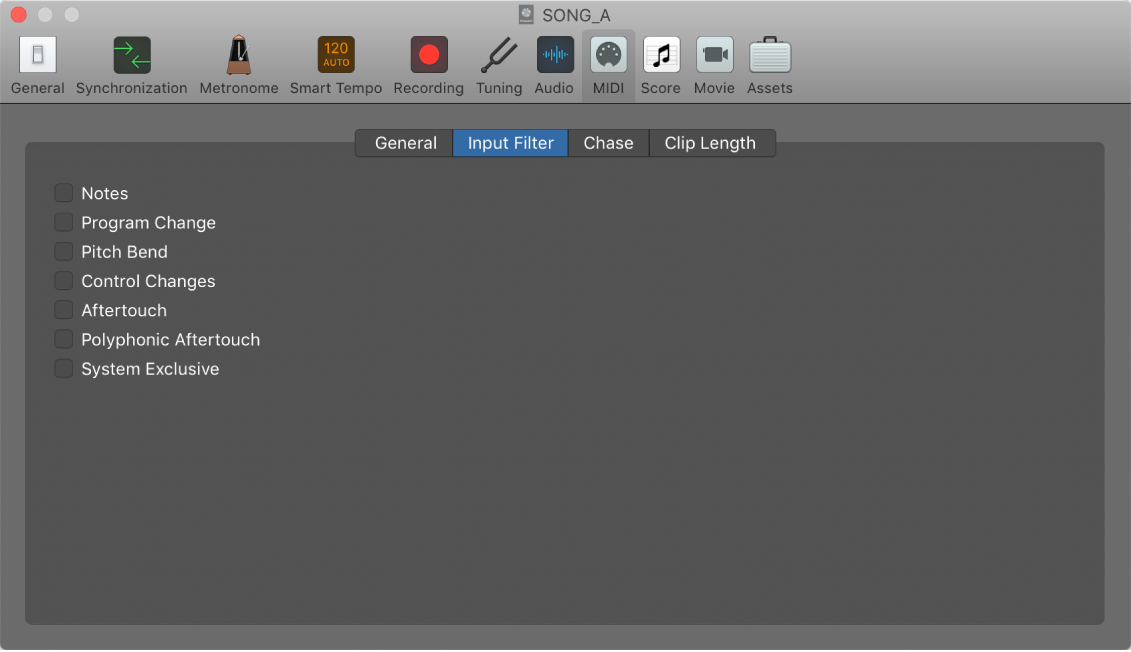 Figure. Input Filter settings.