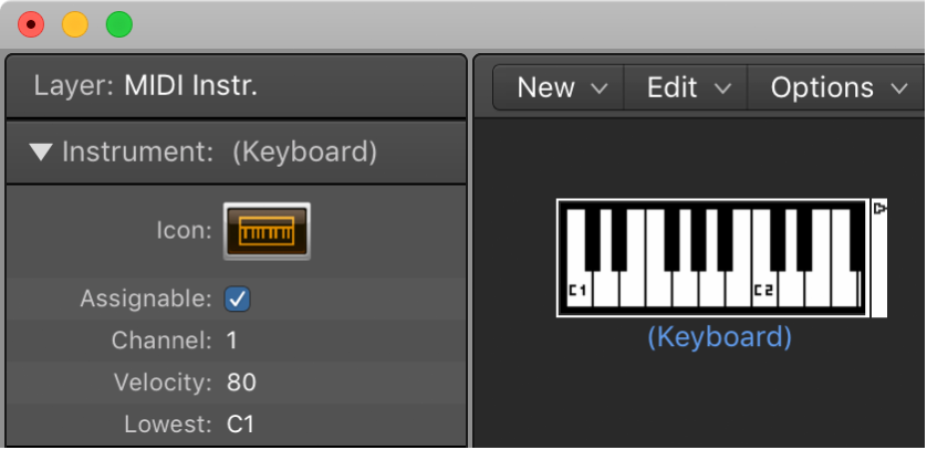 Figure. Environment window showing a keyboard object and its inspector.