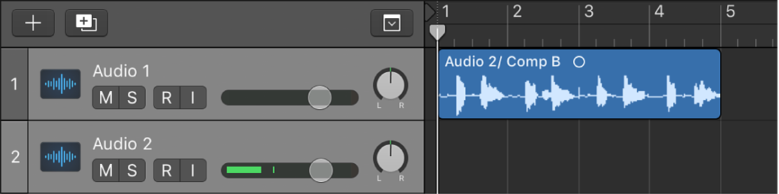 Figure. Showing the flattened take folder, with the resulting regions merged on an audio track.