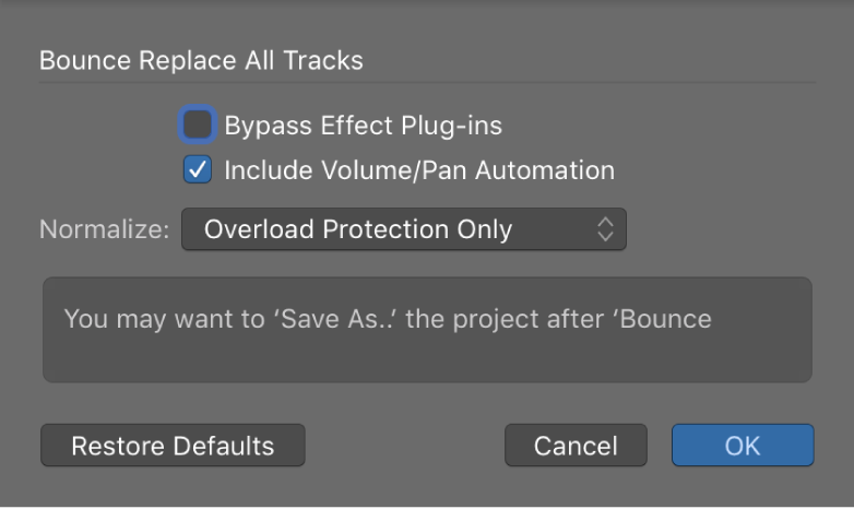 Figure. Bounce Replace All Tracks dialog.