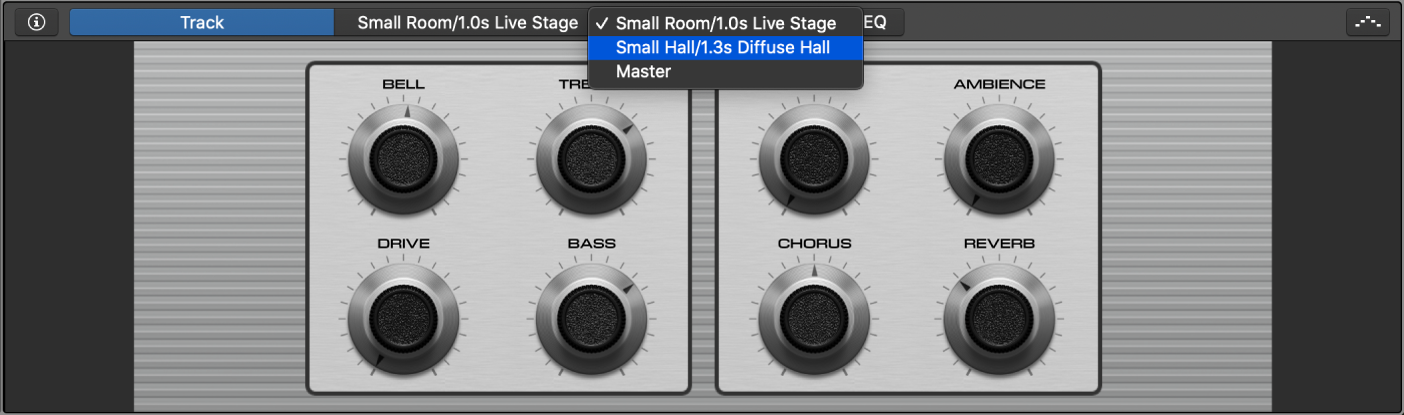 Smart Controls area showing Master Effects pop-up menu with shared reverbs.