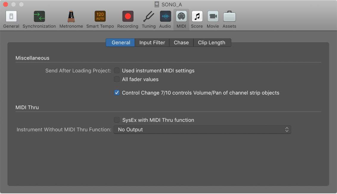 Figure. General MIDI settings.