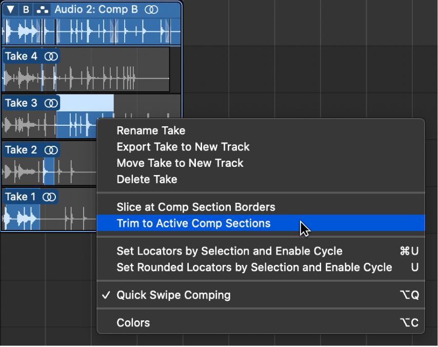 Figure. Choosing Trim to Active Comp Sections from the shortcut menu.