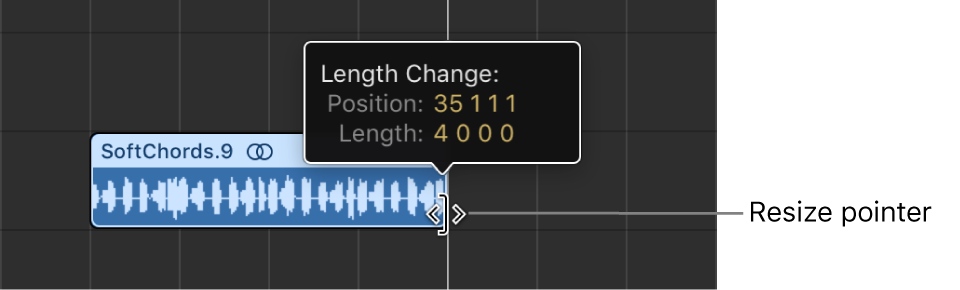 Figure. Resizing a region in the Tracks area. The Help tag shows the length of the region.