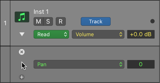 Figure. Mousing the pointer over an automation subtrack.