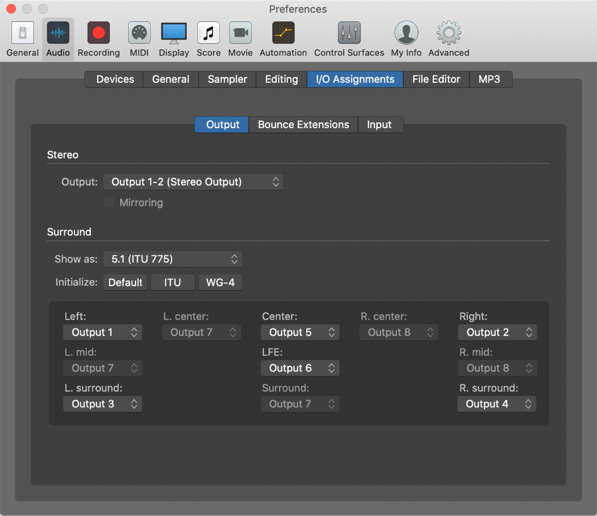 Figure. I/O Assignments pane in Audio preferences.