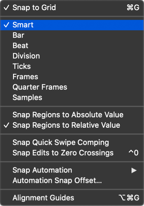 Figure. The Snap pop-up menu for the Tracks area.