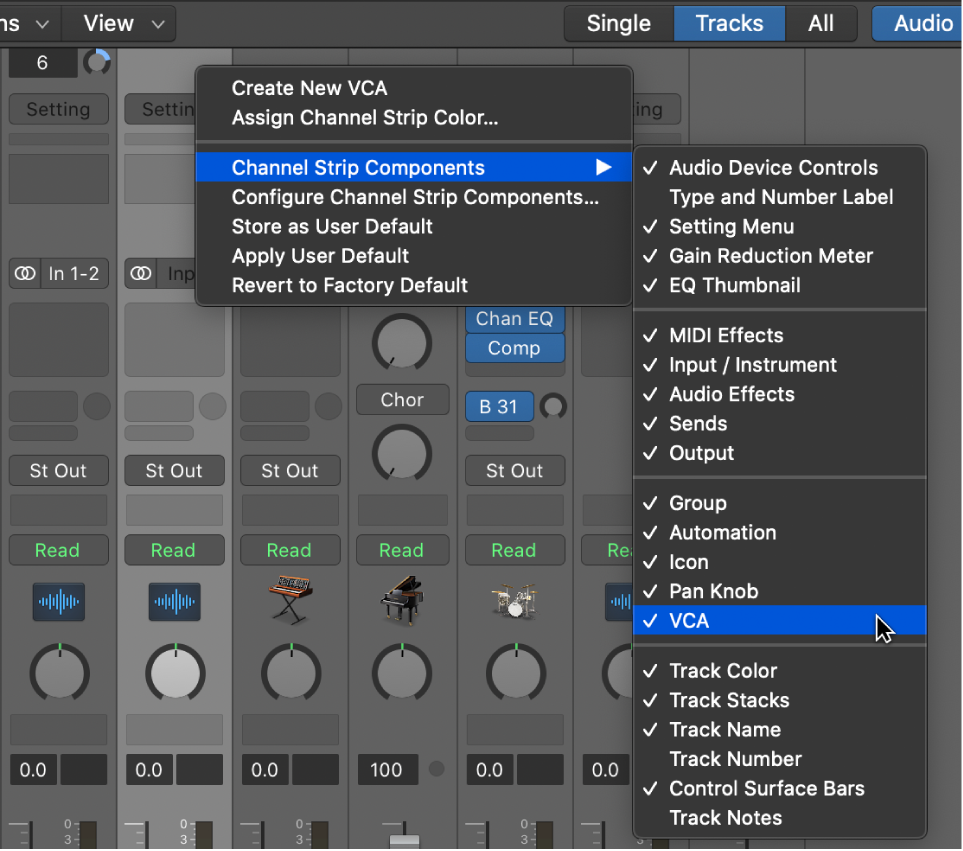 Figure. Channel Strip Components pop-up menu.