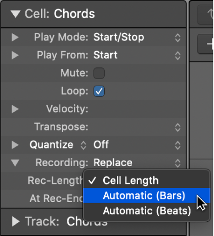 Figure. Rec-Length settings pop-up menu in the Cell inspector.