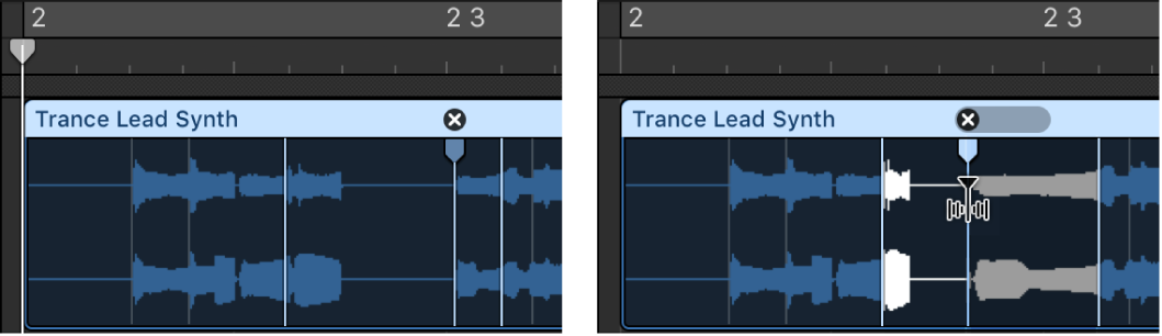 Figure. Two audio regions showing the region before and after a flex marker is moved to the left.