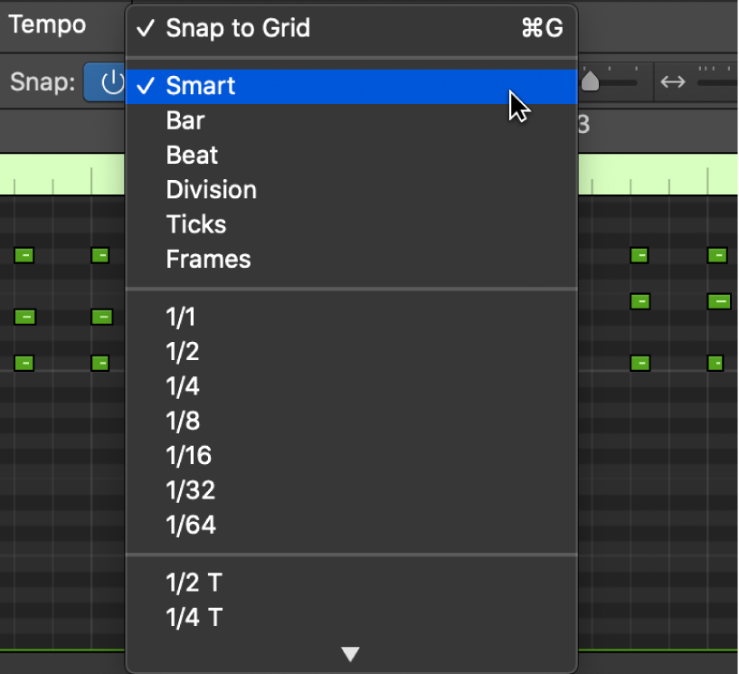 Figure. Snap pop-up menu in the Piano Roll Editor menu bar.