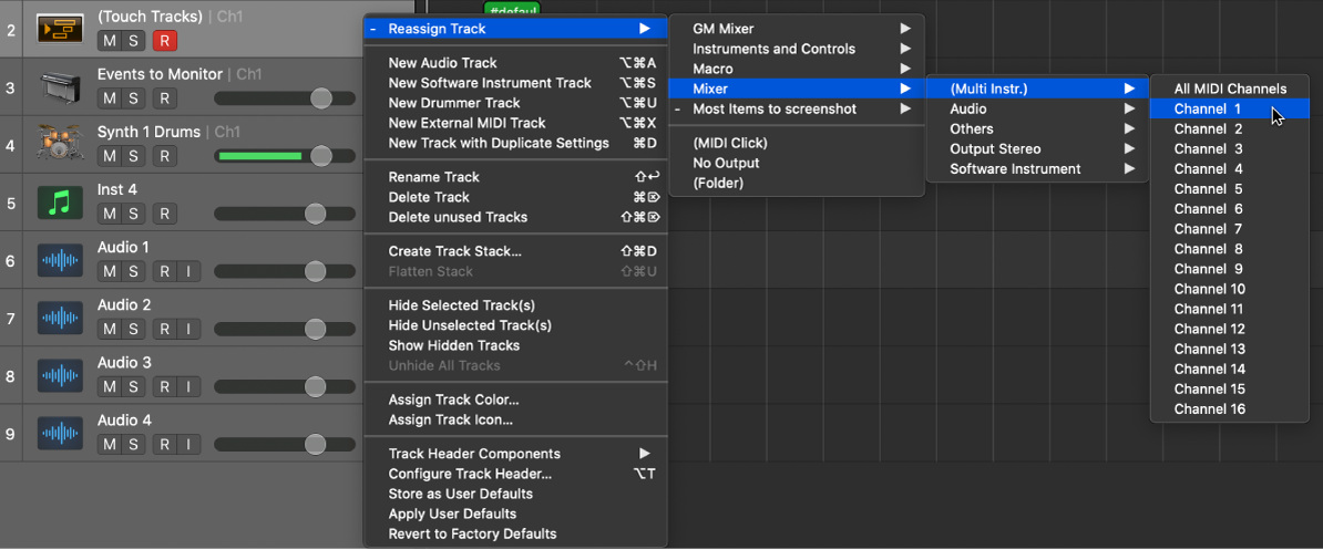 Figure. Browsing to the mapped instrument in the Reassign Track shortcut menu in the Tracks area.