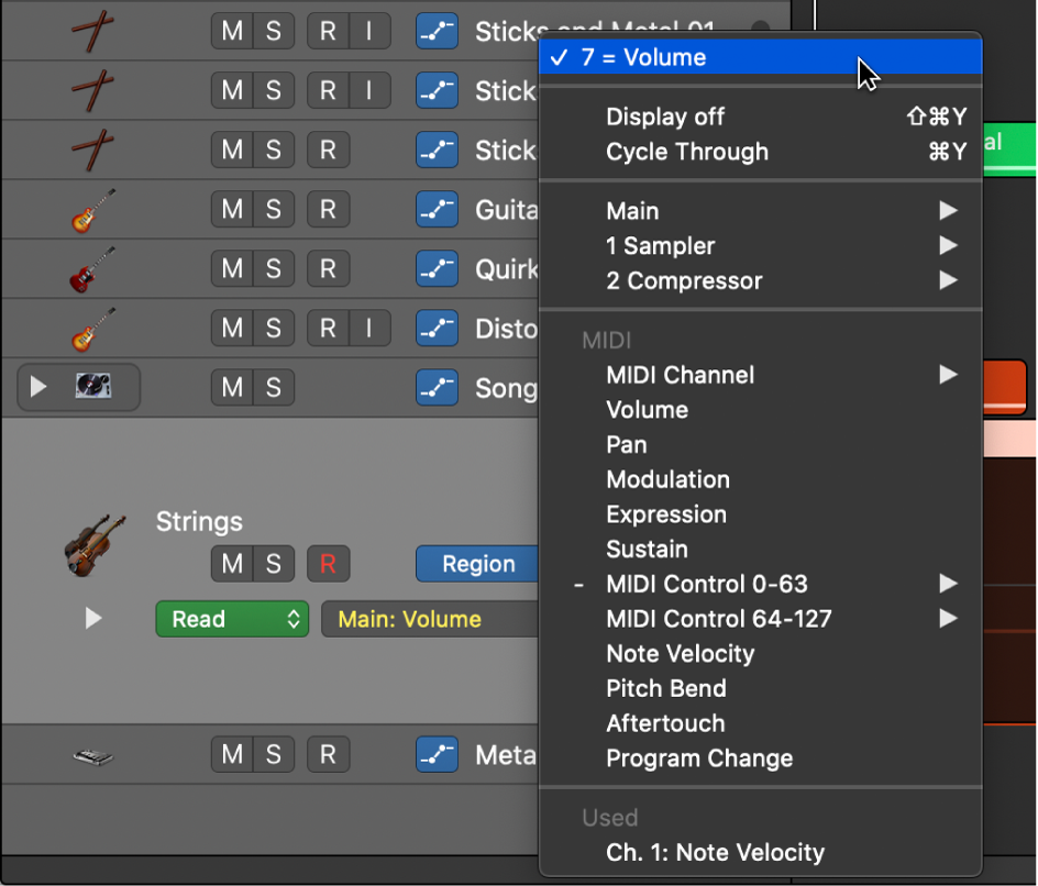 Figure. Selecting a MIDI control parameter for region-based automation.