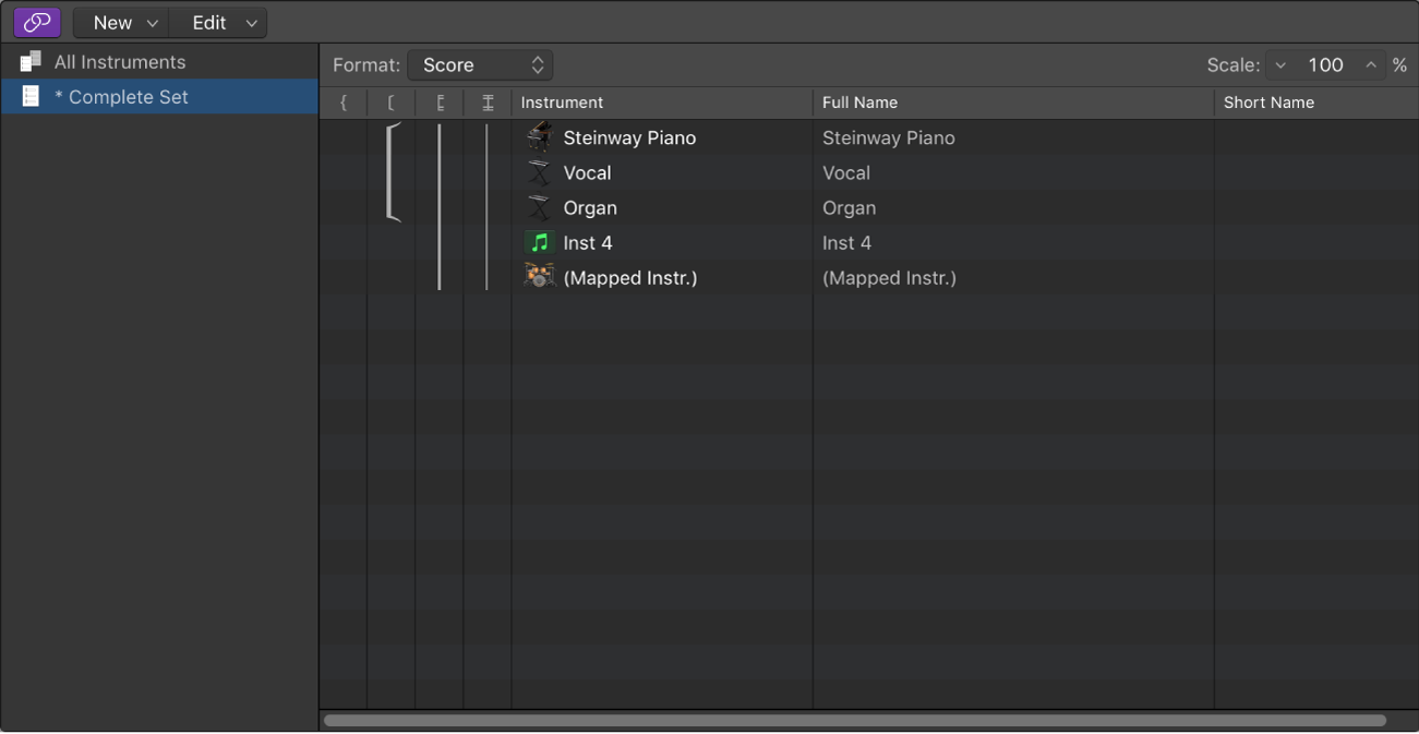 Figure Instrument column in the Score Set window.