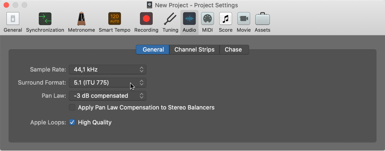 Figure. Audio project settings pane.