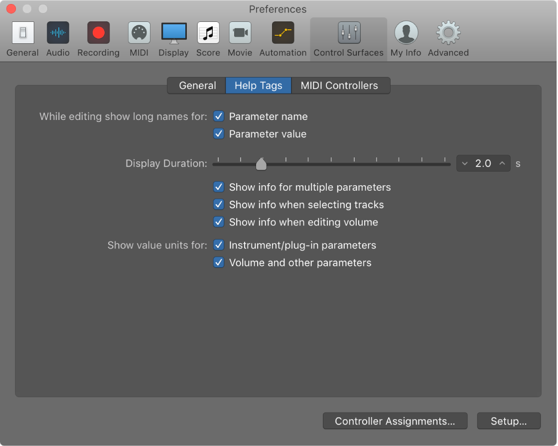 Figure. Help Tag preferences of Logic Pro.