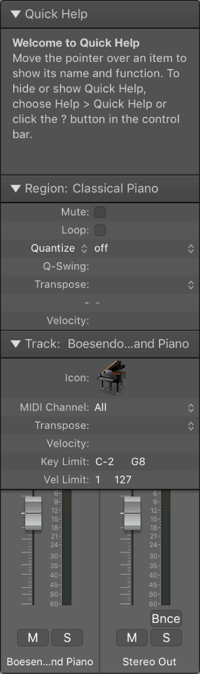 Figure. The inspector, showing the Quick Help area, the Region inspector, Track inspector, and Inspector channel strips.