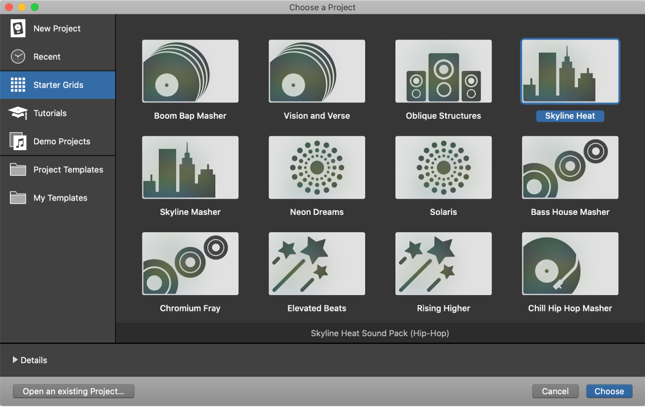 Figure. Project Chooser showing Live Loops starter grids.