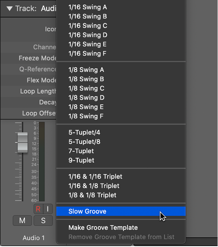 Figure. The default groove template name selected in the Quantize pop-up menu.