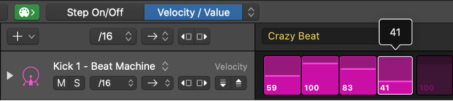 Steps in the step grid showing edit mode values.