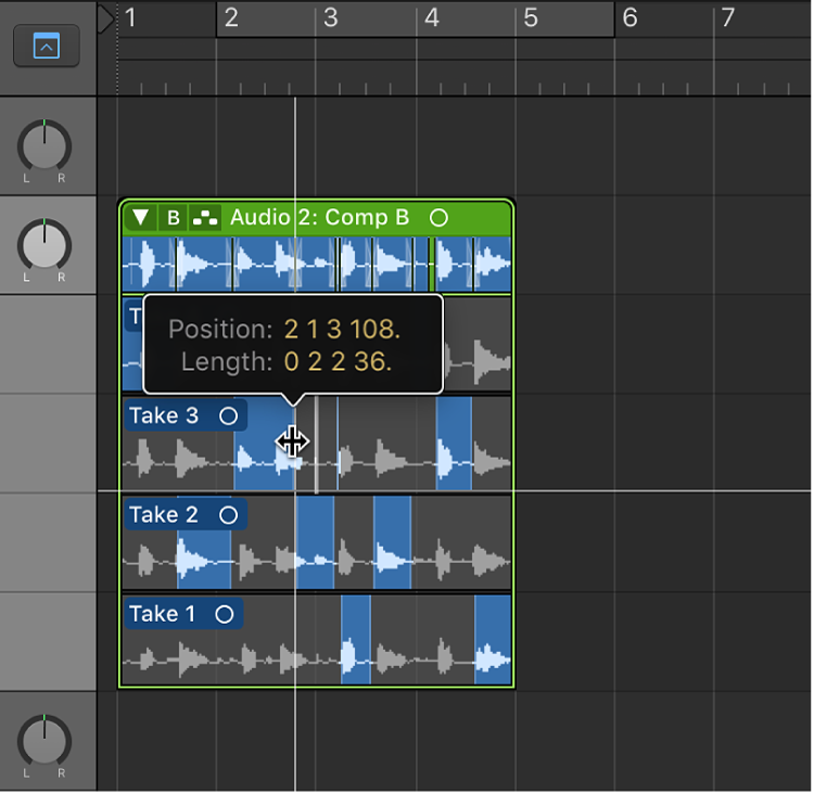 Figure. Shift-dragging the end point of a take selection.