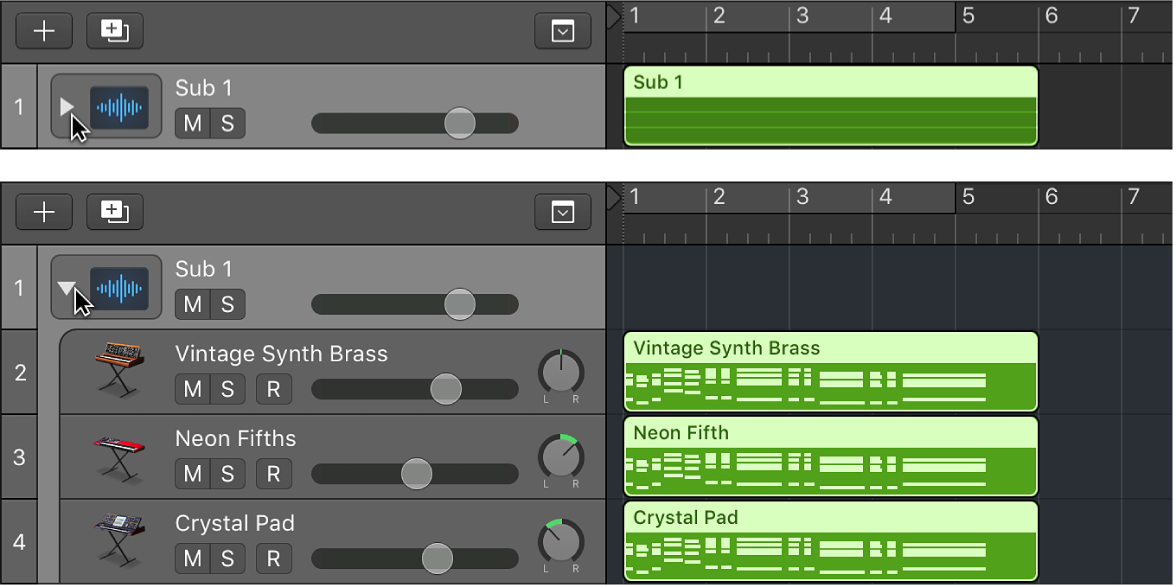 Figure. Track Stack with disclosure triangle closed and open.