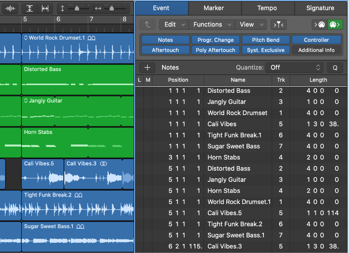 Figure. Event List tab showing all regions in Arrange window.