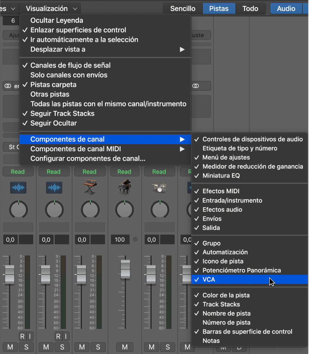 Ilustración. Submenú “Componentes de canal” del menú Vista del mezclador.